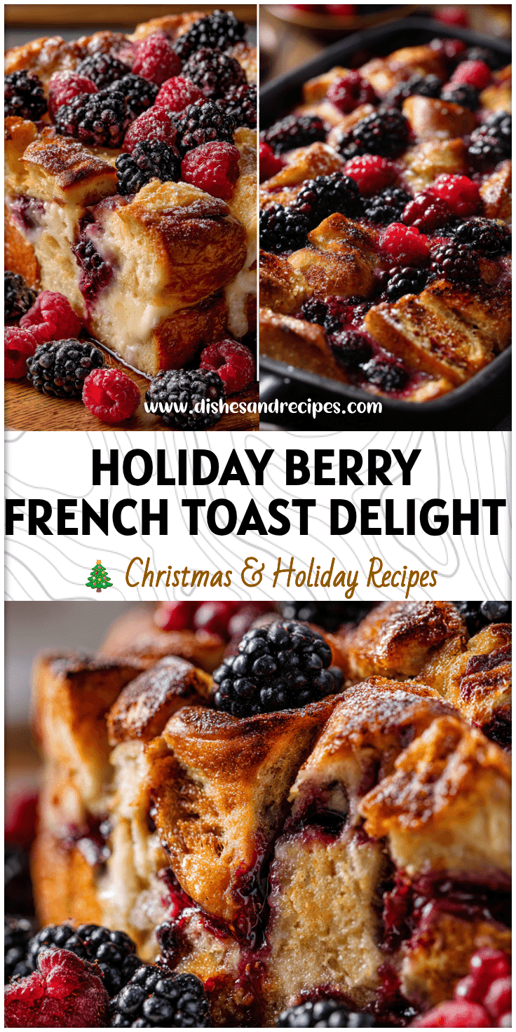 Golden baked French toast with blackberries and croissant layers topped with berries for a festive brunch.